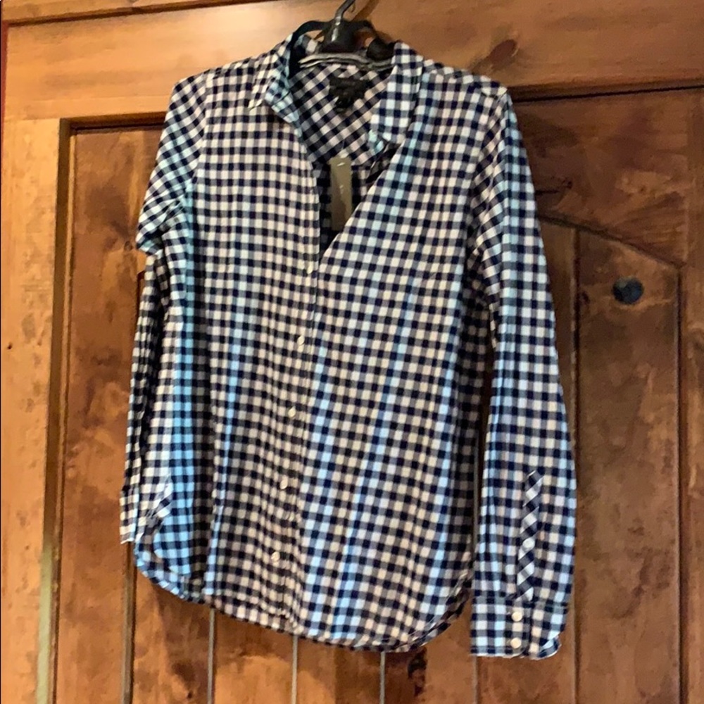 J crew boy cut navy gingham button down